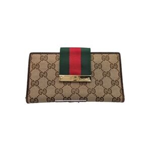 Gucci GG Canvas Web Stripe Flap Wallet Clutch Purse Brown Beige Authentic